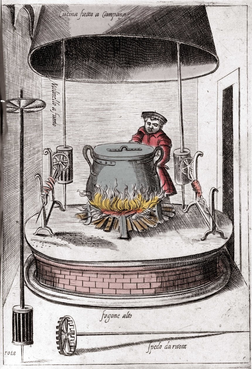 La cocina bajo una campana. Grabado de 