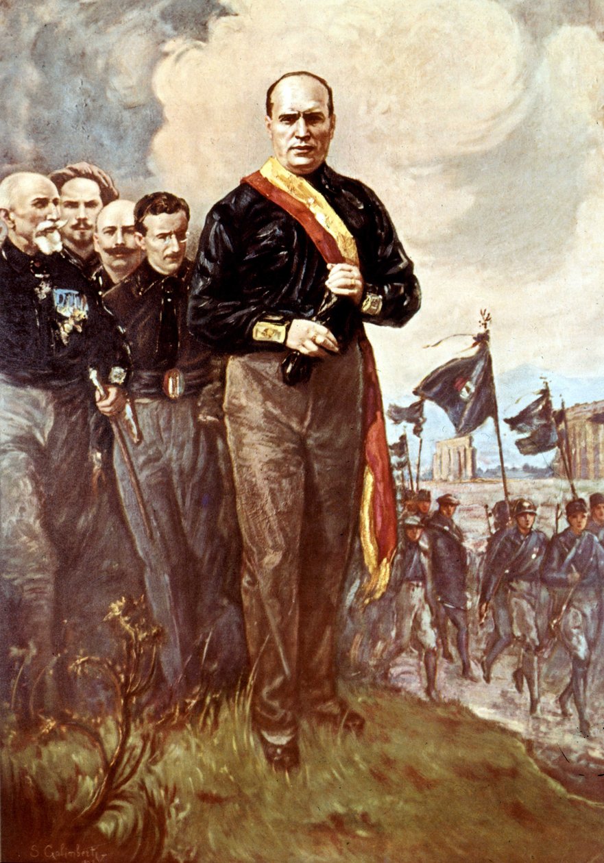 La marcha sobre Roma: Benito Mussolini caminando hacia Roma rodea a camisas negras el 28/10/1922 tras el (desaparecido) cuadro de S.Galimberti. de Italian School