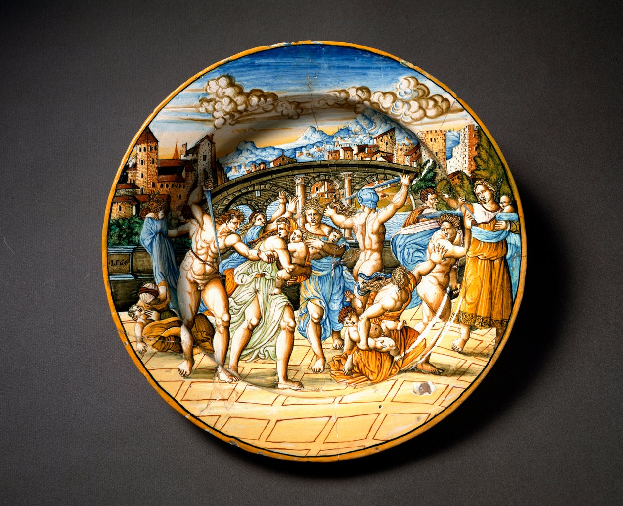 La masacre de los inocentes. Plato de cerámica producido en Urbino en el taller Fontana, Italia. Alrededor de 1566 Florencia, Museo Nacional del Bargello de Italian School