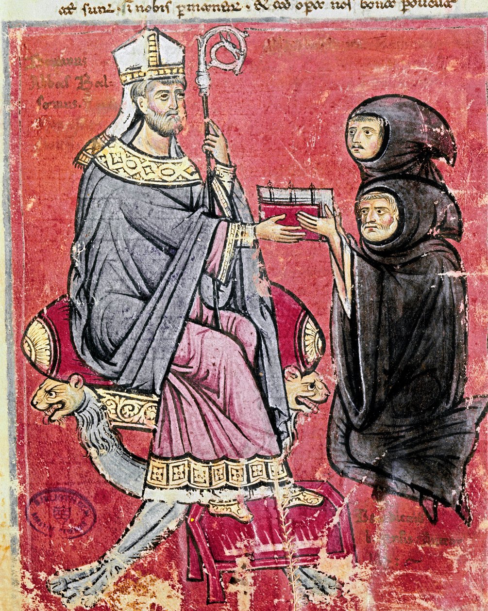 El monje Benedetto da Bari (representando joven y viejo para indicar que escribir su obra le ha llevado toda la vida) entrega al abad Balsamo (siglo XIII), líder de la abadía benedictina de Cava de Tirreni, su códice De Septem Sigillis de Italian School