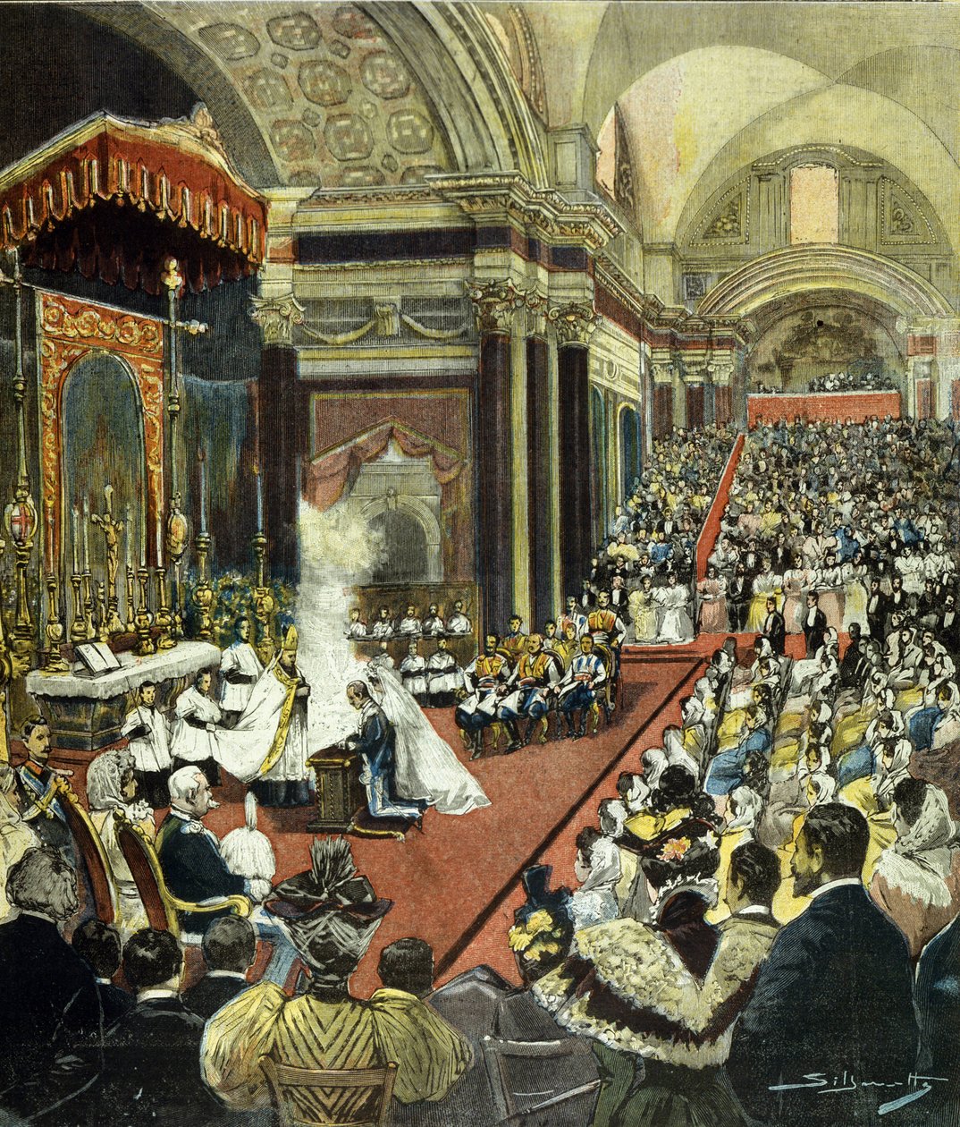 El matrimonio religioso de quien se convertirá en el Rey Víctor Manuel III con la Princesa Helena de Montenegro en la Iglesia de Santa Maria degli Angeli en Roma en 1896. de Italian School