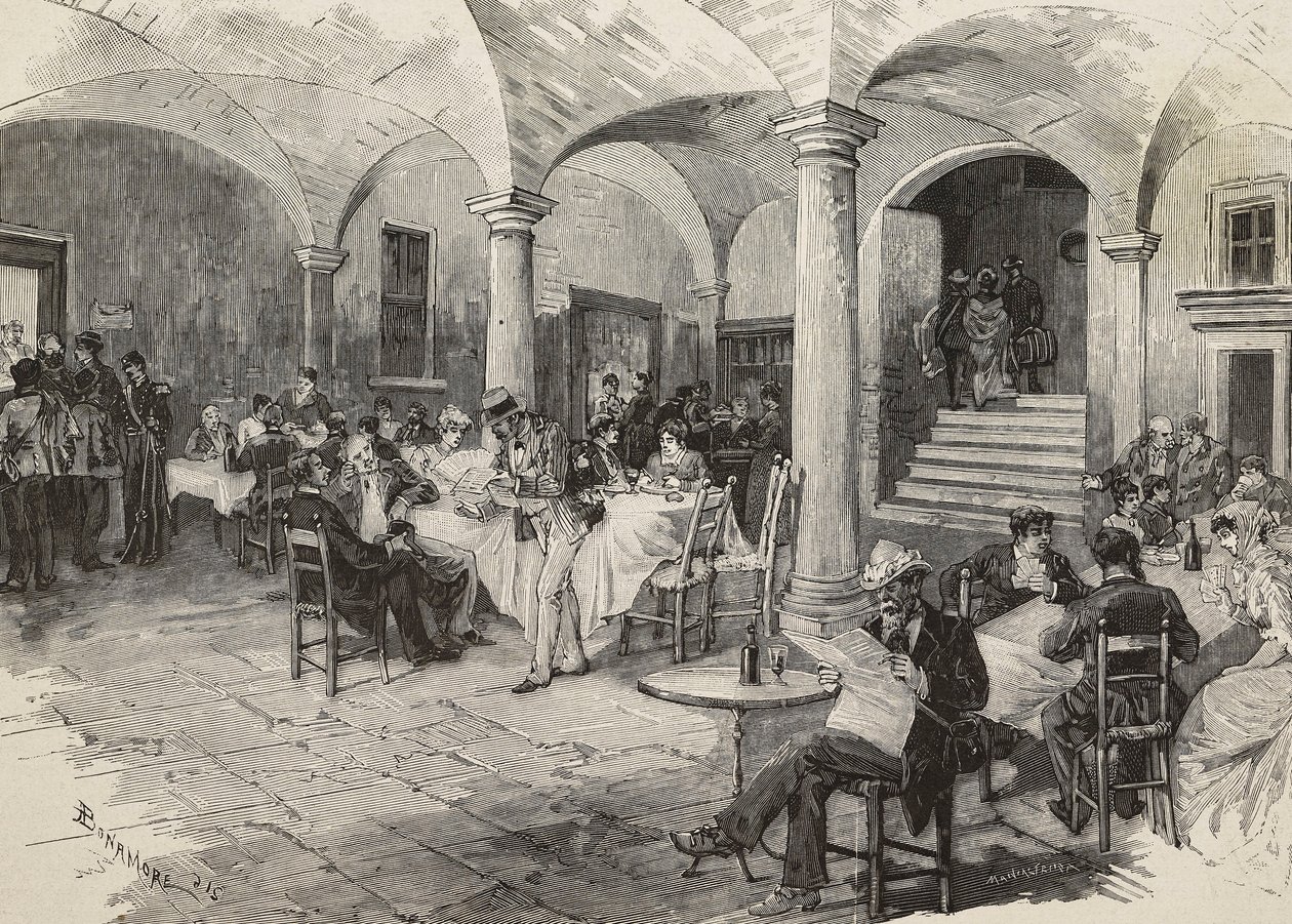 Pasajeros de tercera clase y pasajeros de primera clase en cuarentena, desinfectando equipaje, castillo de Quarcino, en la frontera suiza, epidemia de cólera, Italia, grabado de Mancastropa de un dibujo de Bonamore, de L