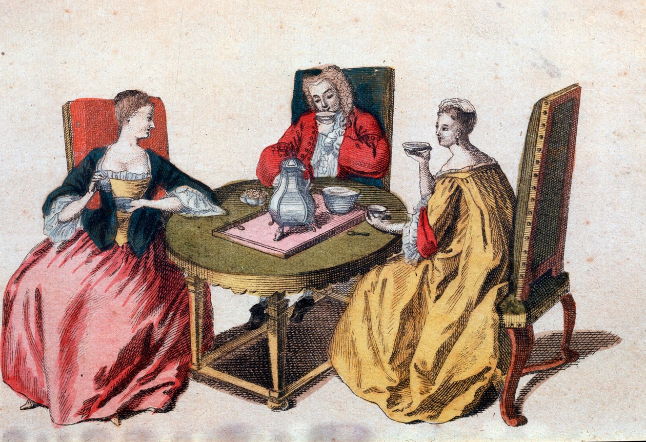 Tres nobles venecianos disfrutando de un chocolate (grabado del siglo XVIII) de Italian School