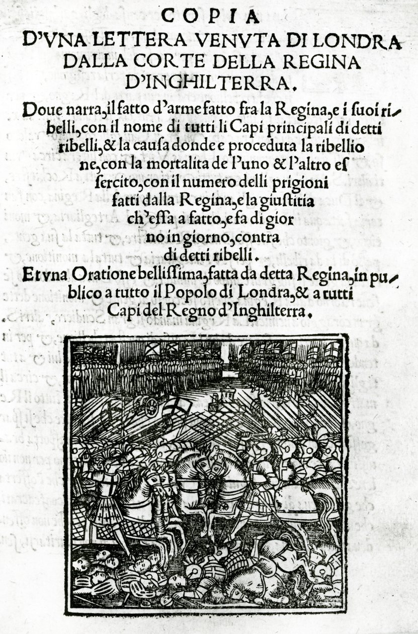 Página de título de una copia de una carta enviada desde la corte de la Reina de Inglaterra de Italian School