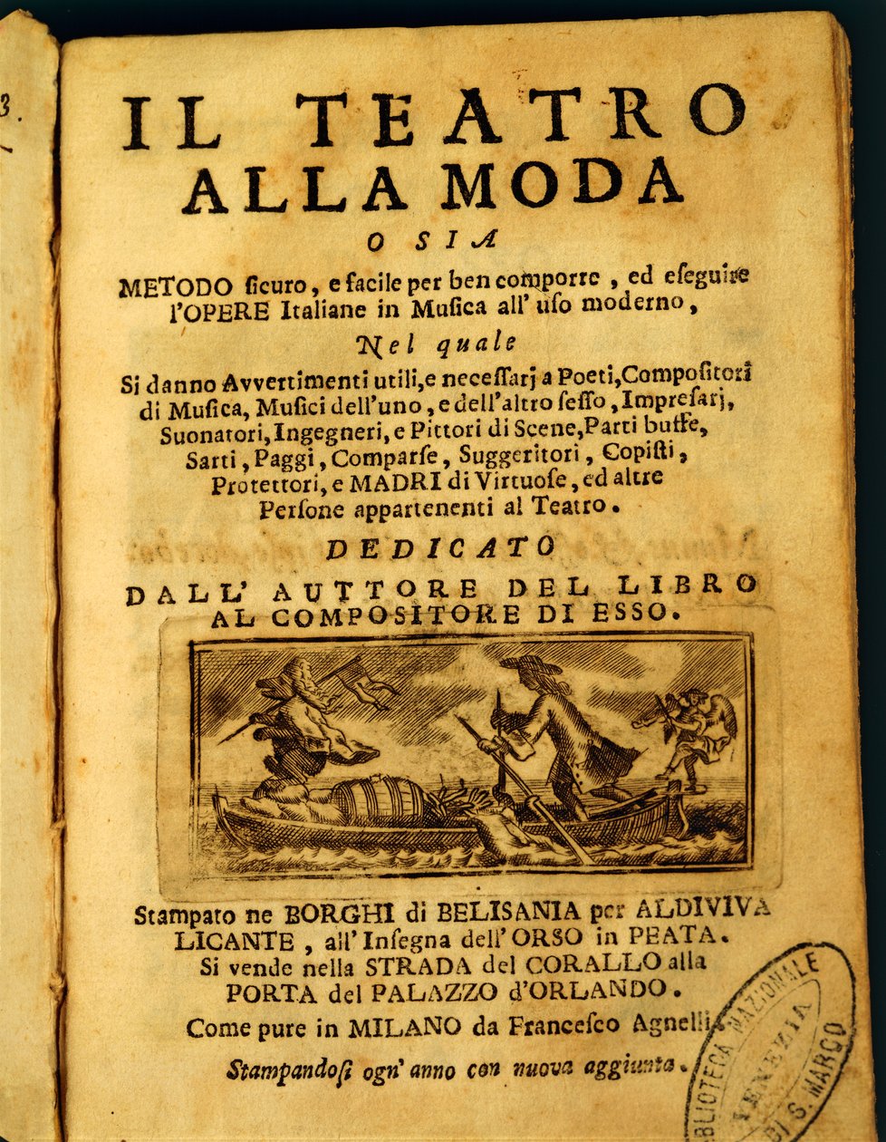 Pagina de titulo del Teatro della Moda por Benedetto Marcello litografia
