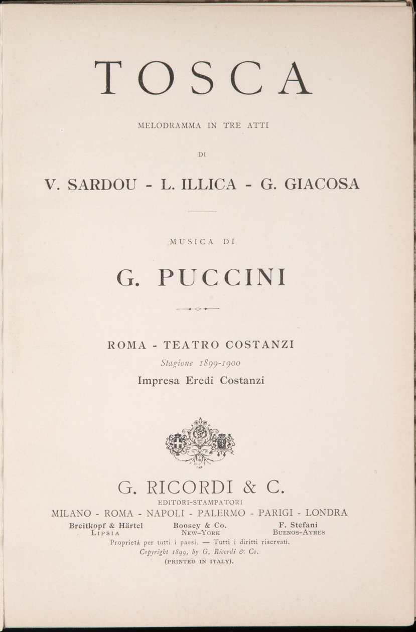 Página de título, Libreto de Tosca, de Giacomo Puccini, Edición Ricordi, Italia de Italian School