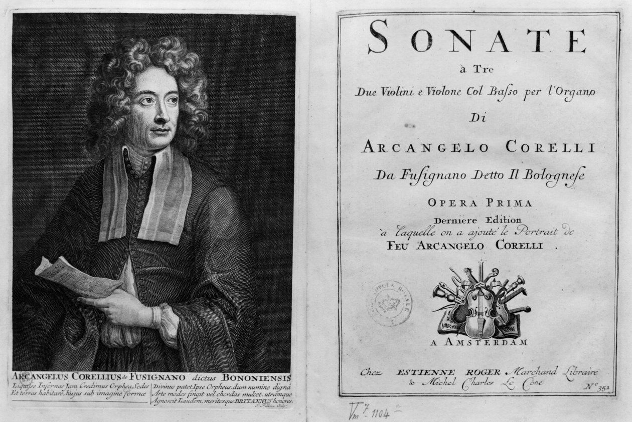 Portada de Sonate a Tre con un retrato de Arcangelo Corelli (1653-1713) de Italian School