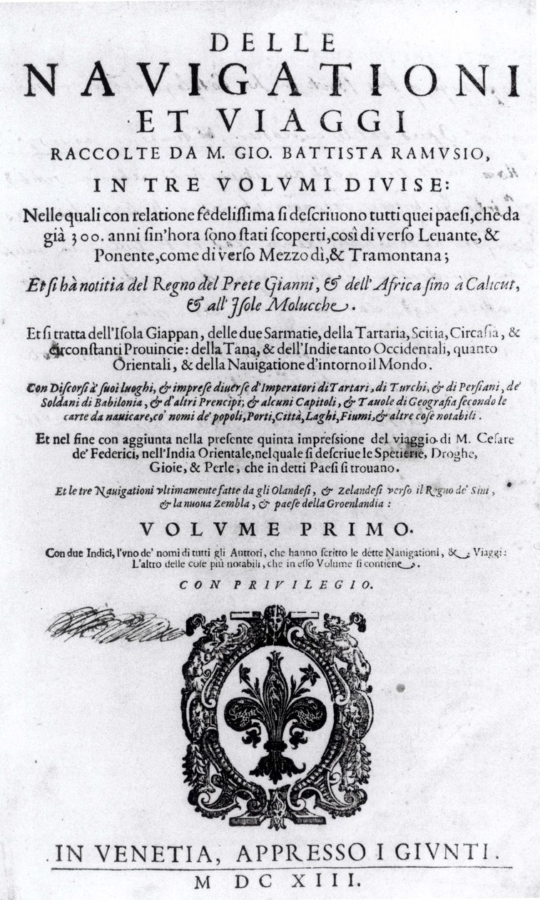 Página de título del volumen I de Delle Navigationi et Viaggi por Giovanni Ramusio (1485-1557) publicado en 1613 de Italian School