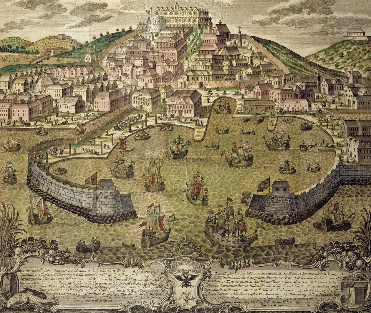Ciudad de Trieste y su puerto libre, grabado en color, Italia de Italian School