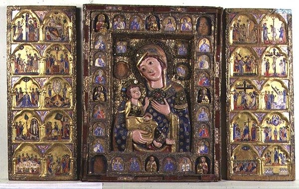 Tríptico de la Madonna y Niño con Evangelistas, Profetas y escenas de la vida de Cristo (madera, filigrana de plata y esmalte) de Italian School