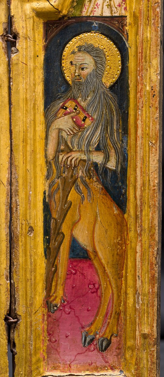 Tríptico: San Antonio Abad entronizado, San Pablo Ermitaño y San Onfrío, detalle, mediados del siglo XIV (temple sobre tabla) de Italian School