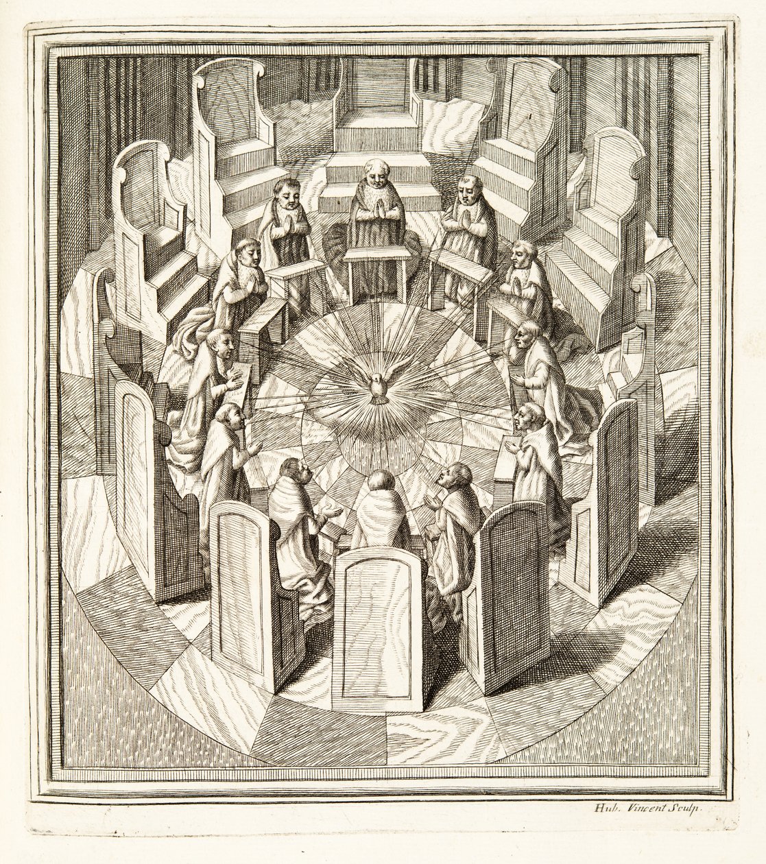 Doce jueces de la Rota rezando en una sala circular rodeando al Espíritu Santo, pub. 1717 de Italian School