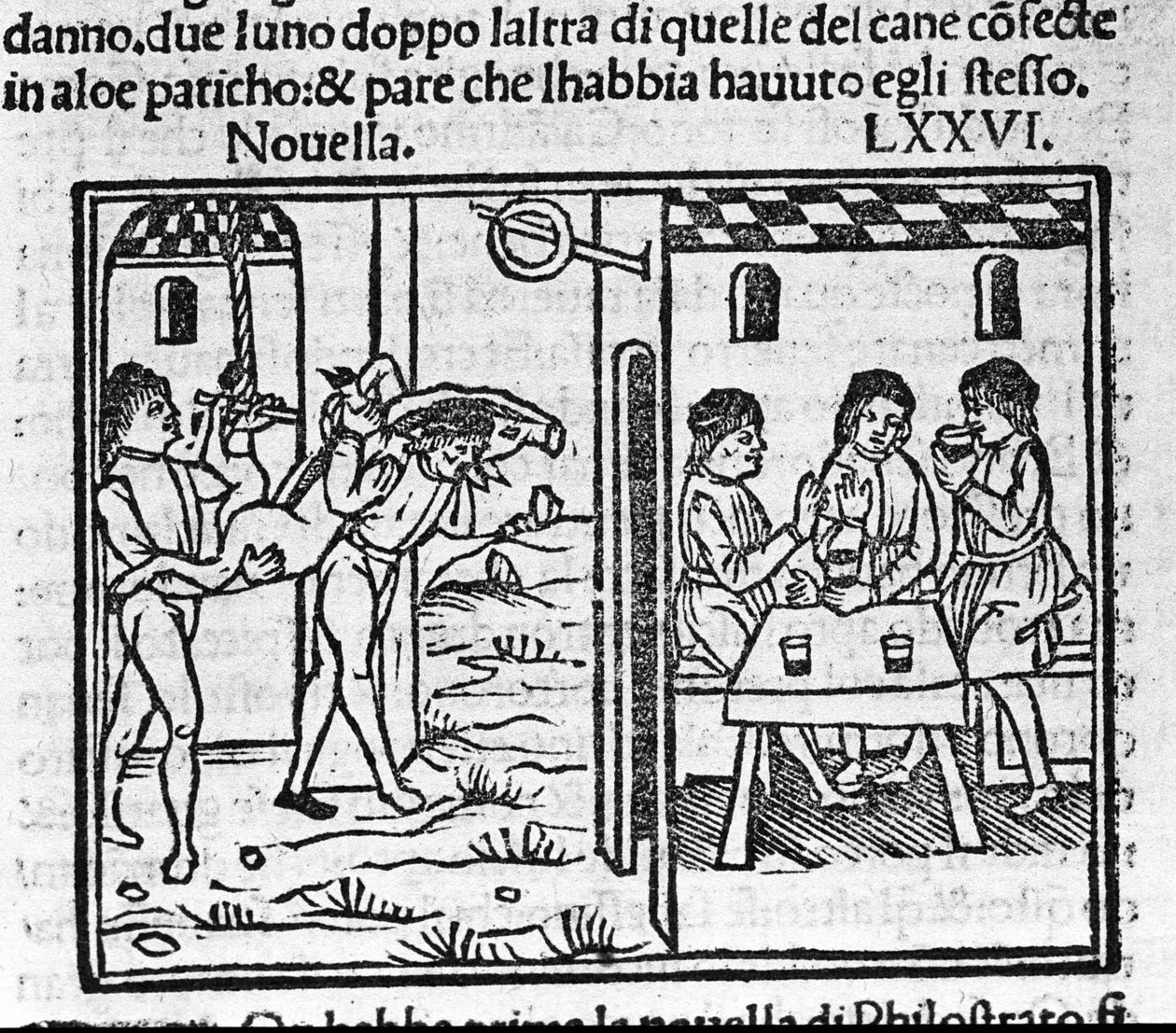 Dos hombres llevando un cerdo en sus hombros. Ilustración para la noticia 76 del 