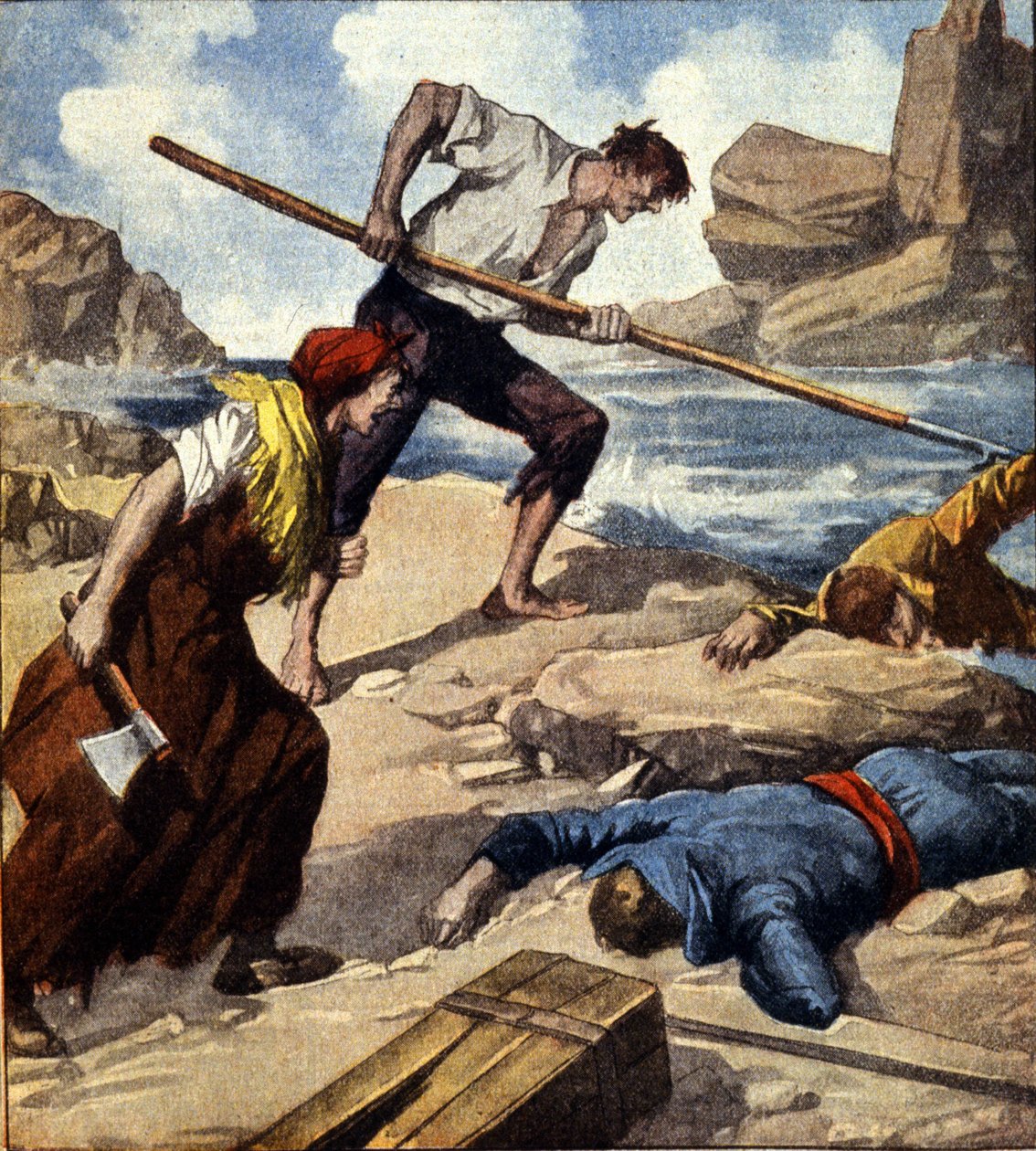 Dos naufragadores (piratas) después de llevar el barco a la roca saquearon a la tripulación. Ilustración italiana de Italian School