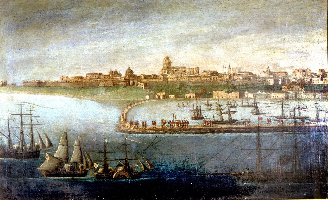 Unificación de Italia: expedición de los Mil o Camisas Rojas liderada por Giuseppe Garibaldi (1807-1882). El desembarco en Marsala, Sicilia. Pintura anónima. Milán Museo del Risorgimento de Italian School