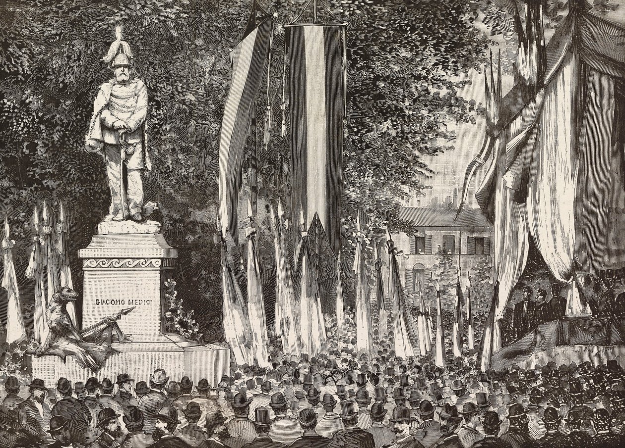 Inauguración del monumento al General Giacomo Medici, Milán, Italia, grabado de un dibujo de Edoardo Ximenes de una fotografía de Rossi, de L