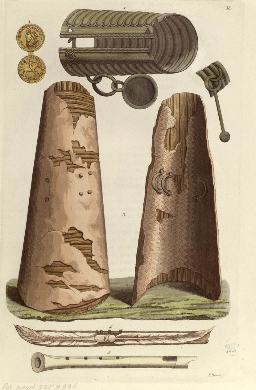 Varios artefactos vikingos: brazalete de bronce, medalla de oro con alfabeto rúnico, escudos, flautas. Ilustración de V. Raineri de 