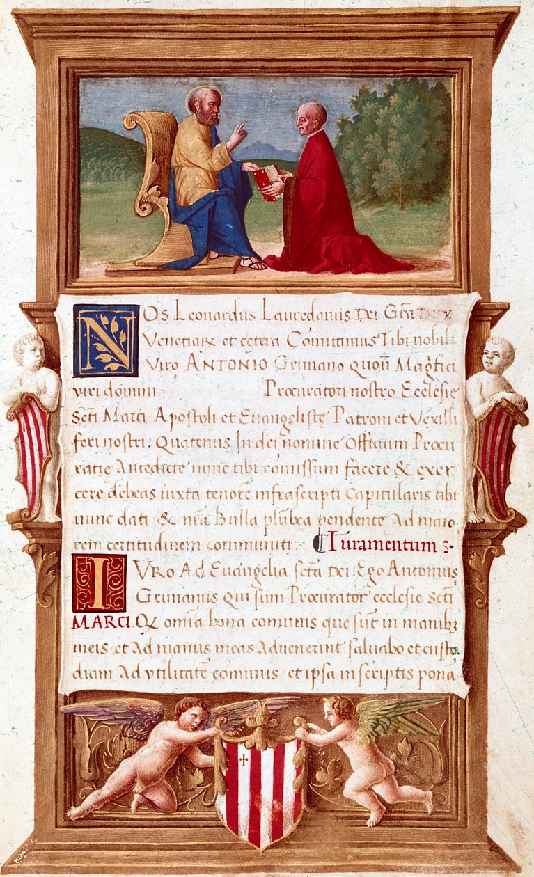 Venecia: Comisión del Dogo Antonio Grimani (1434-1523), Procurador de San Marcos. Página de manuscrito del siglo XVI. Venecia, Museo Correr de Italian School