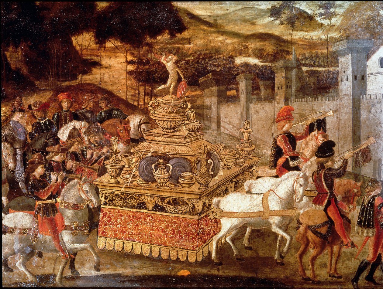 Victoria de Lucio Aemilio Paulo o Pablo Emilio el Macedonio (ca. 230-160 a.C.) sobre Perseo, rey de Macedonia Detalle de la procesión y del carro triunfal. Pintura de la escuela florentina del siglo XV. París, Museo Jacquemart André de Italian School