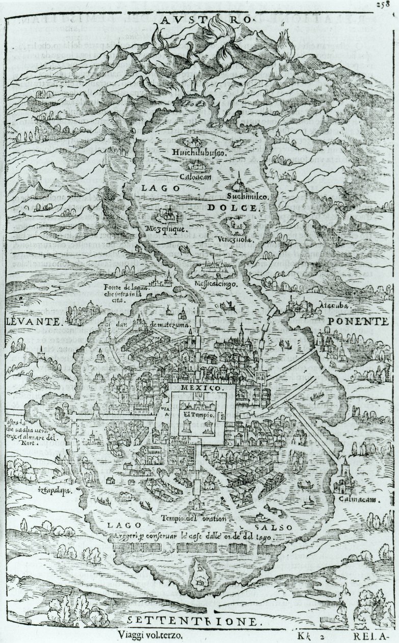Vista desde el norte de la ciudad azteca de Tenochtitlán, de Relación de la Ciudad de Temistitan por Giovanni Battista Ramusio (1485-1557) publicado en Venecia 1606 de Italian School