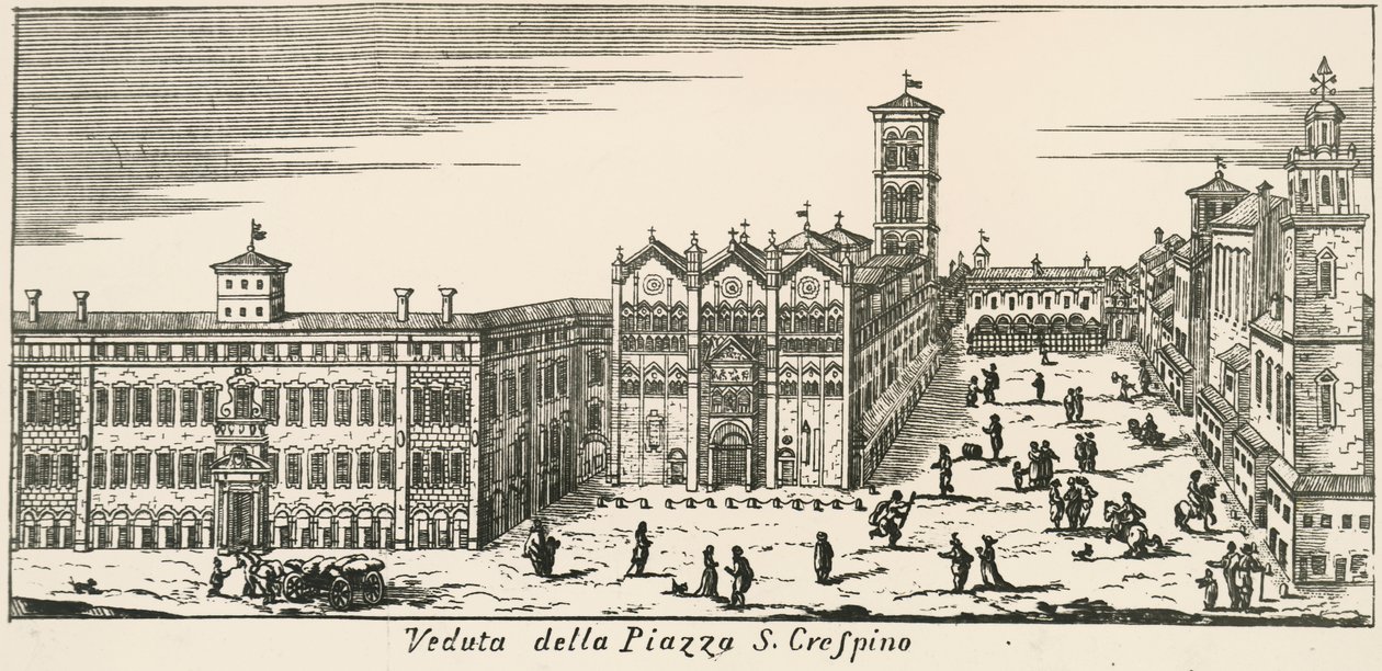 Vista de la Piazza San Crispino y la Catedral de Ferrara, grabado, Italia de Italian School