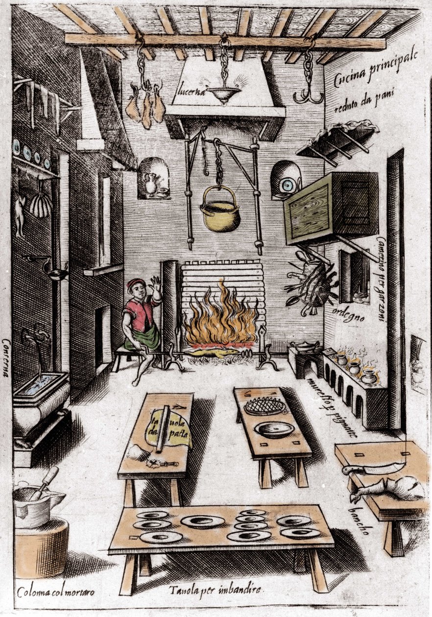 Vista de una cocina. Grabado de “Opera”, libro sobre gastronomía dividido en 6 partes, por Bartolomeo Scappi, cocinero personal del Papa Pío V. Venecia de Italian School