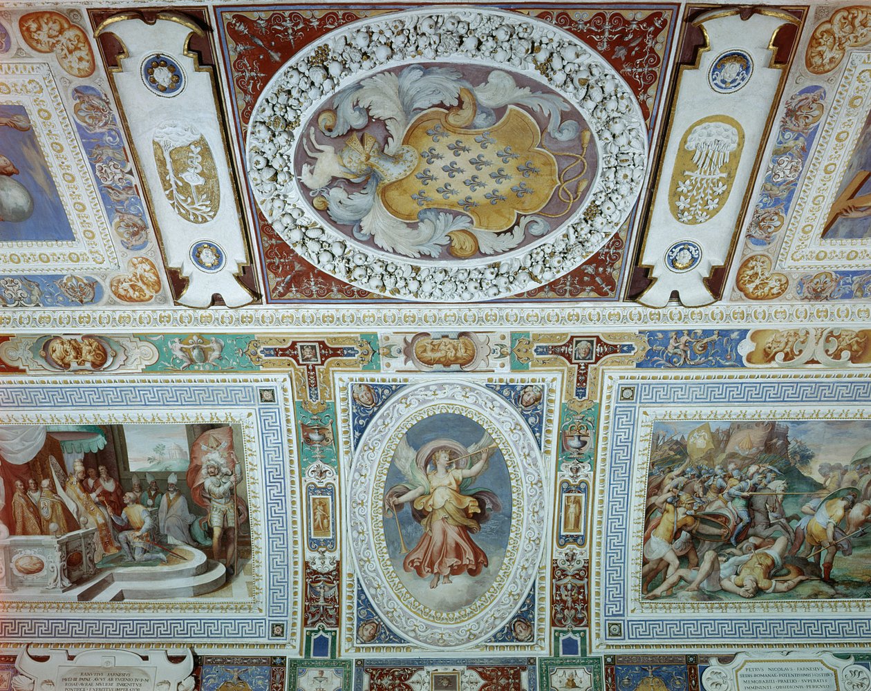 Vista de la Sala dei Fasti Farnese (Sala de los Esplendores de los Farnese) ideada por Onofrio Panvinio y frescos de Taddeo (1529-66) y Federico Zuccaro (1540-1609) 1557-83 (detalle) de Italian School