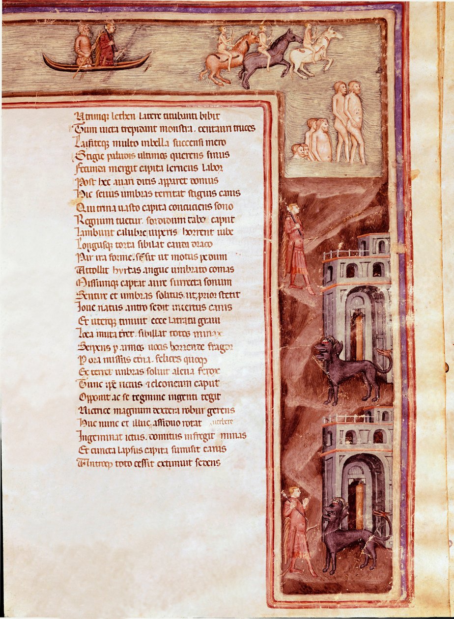 Vista del Inframundo, Personajes y Monstruos, ilustración para Hércules Furioso de Séneca (Miniatura) de Italian School