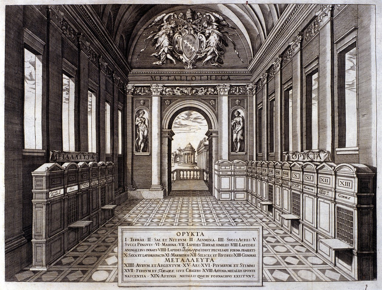 Vista del museo de Michele Mercati (1541-1595), administrador de los Jardines Botánicos del Vaticano. Grabado de “Metallotheca...” Roma 1717 - 1719 de Italian School