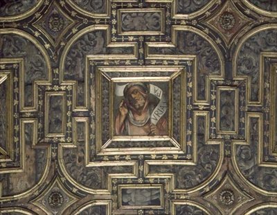 Vista del techo con paneles pintados de Pier Maria Pennacchi (1464-1514/15) (madera) de Italian School
