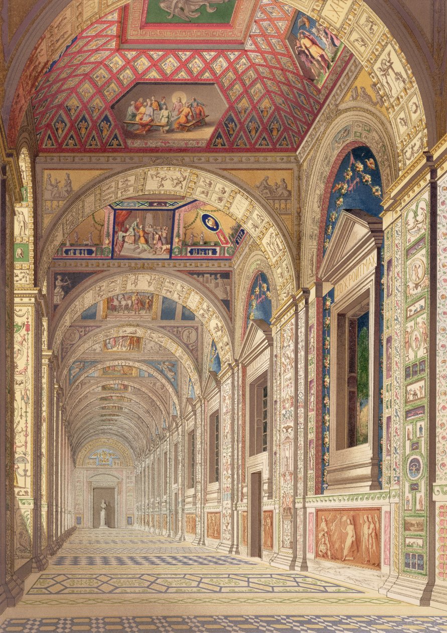 Vista de la logia del segundo piso en el Vaticano, con decoración de Rafael, de Delle Loggie di Rafaele nel Vaticano, publicado como hoja suelta en la edición de 1814 de Italian School