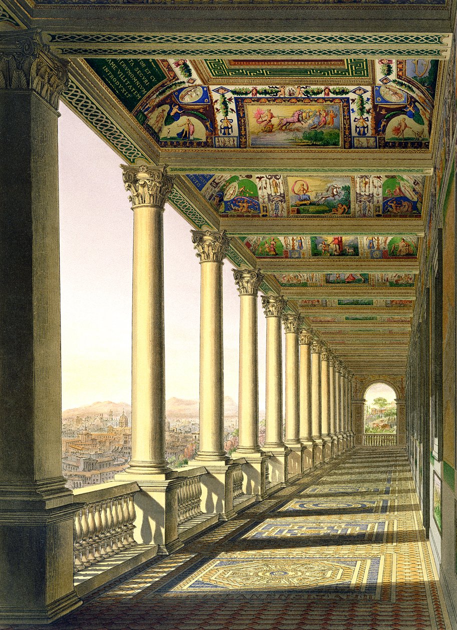 Vista de la logia del tercer piso en el Vaticano, con decoración de Rafael, de Delle Loggie di Rafaele nel Vaticano, publicado como hoja suelta en la edición de 1814 de Italian School