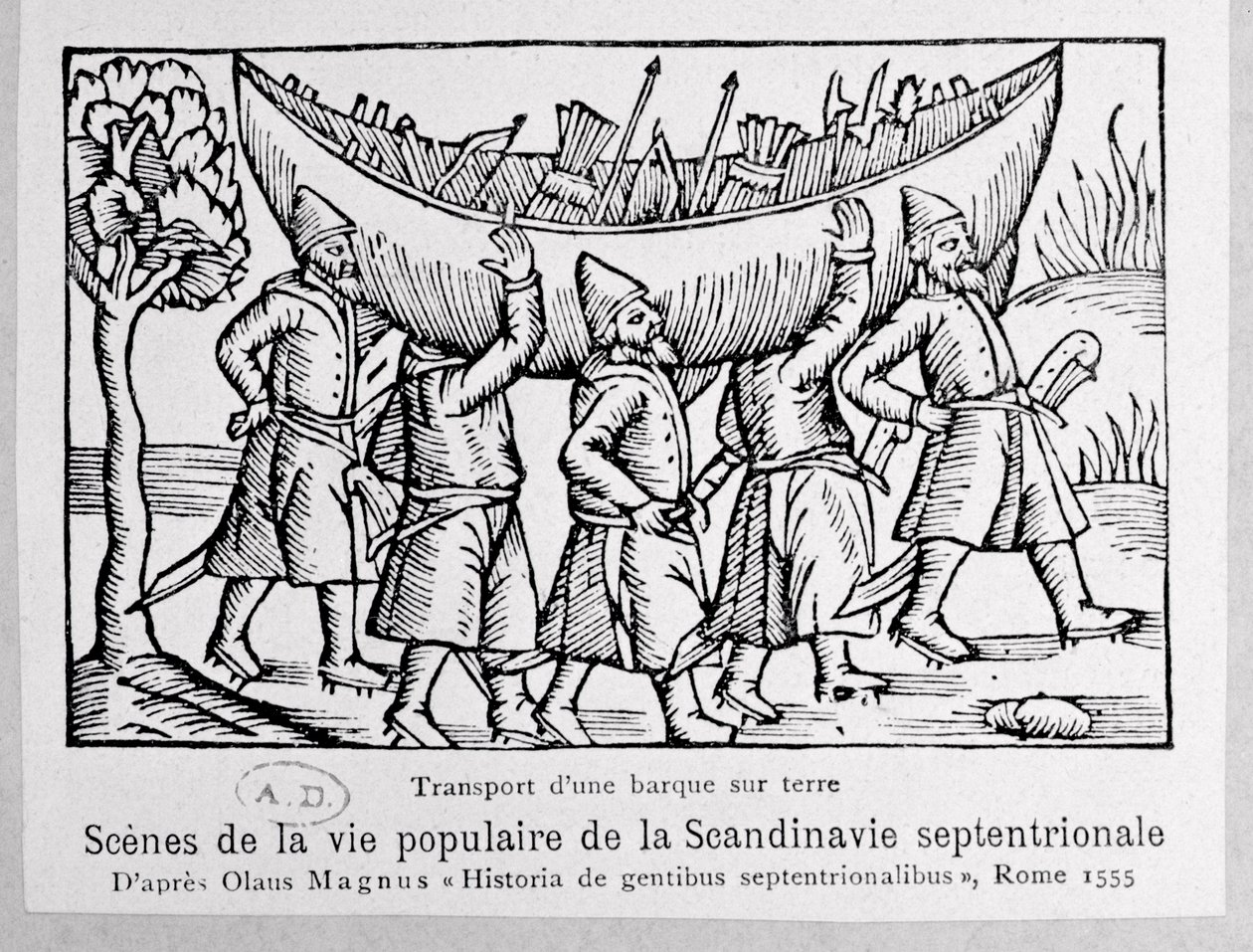 Vikingos llevando un barco a Rusia, ilustración de Historia de Gentibus Septentrionalibus por Olaus Magnus (1490-1558), publicada en Roma, 1555 de Italian School