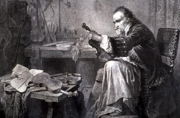 Un fabricante de violines en su taller (grabado) de Italian School