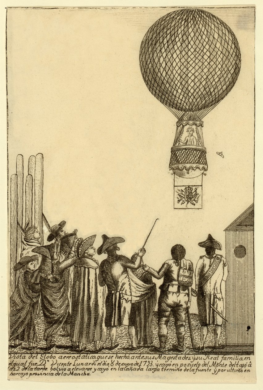 Vista del globo aerostático que se echó ante sus majestades, pub. 1793 de Italian School
