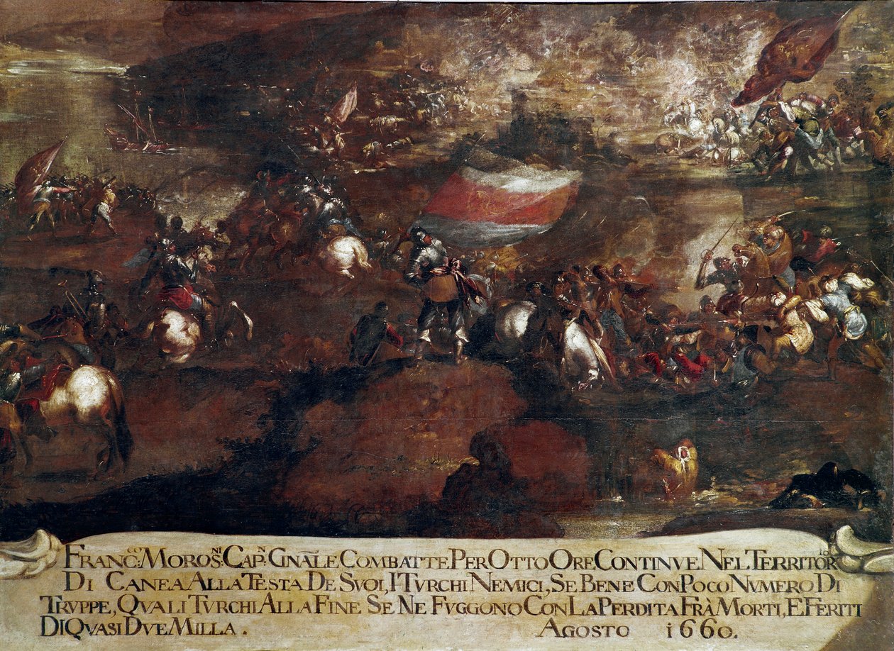 Guerra de Candia (Creta): Batalla de Chania dirigida por Francesco Morosini en agosto de 1660 de Italian School