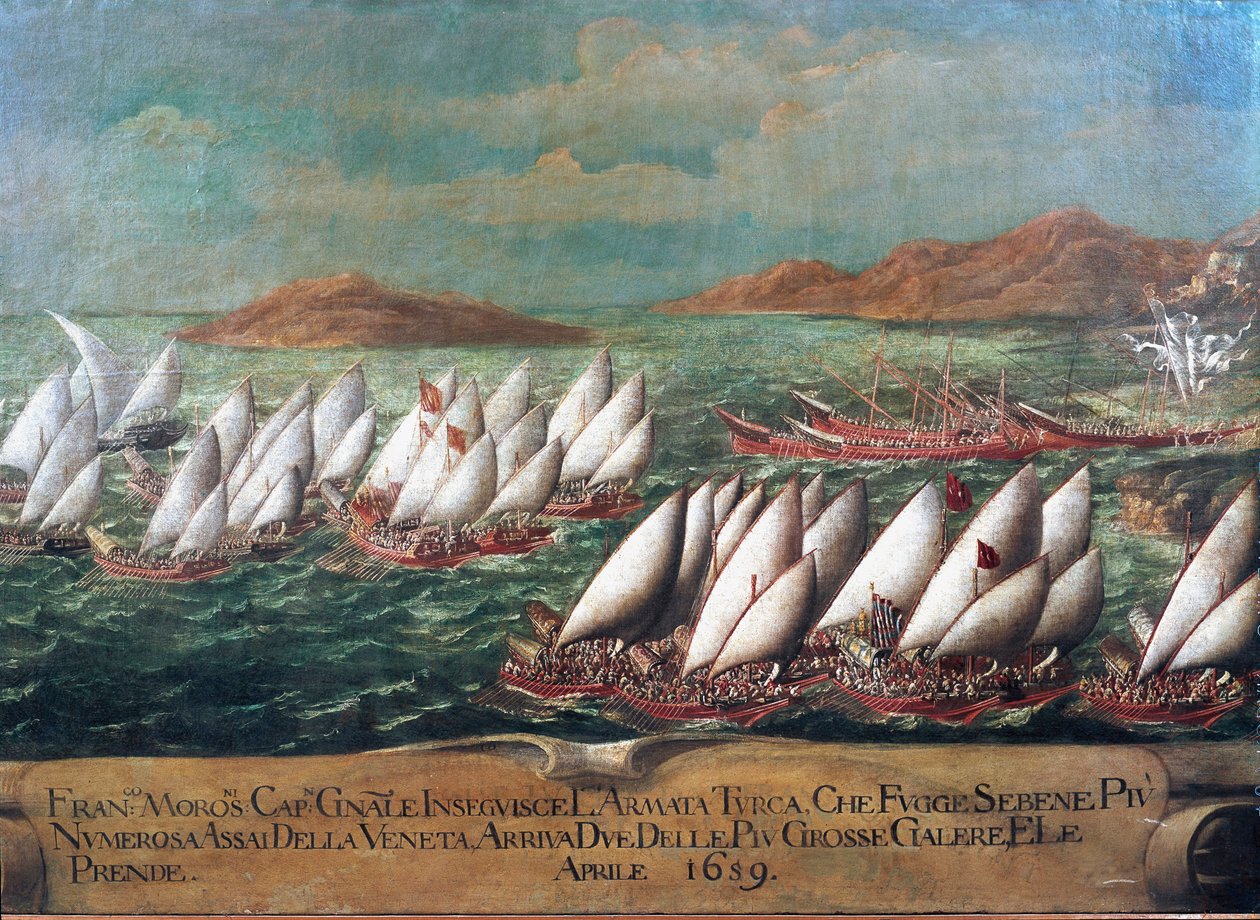 Guerra de Candia (Creta): la flota veneciana durante la campaña dirigida por el Dogo Francesco Morosini contra los turcos en 1659 (Pintura de la escuela veneciana) siglo XVII - Venecia, Museo Correr de Italian School