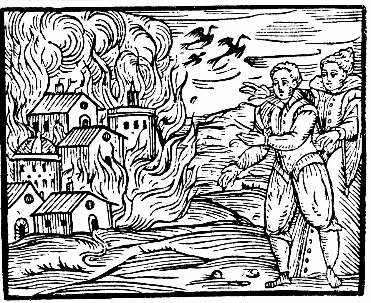 Brujas destruyendo una casa por fuego, Suabia en 1533, ilustración del Compendium Maleficarum de Francesco Maria Guazzo, 1608 de Italian School