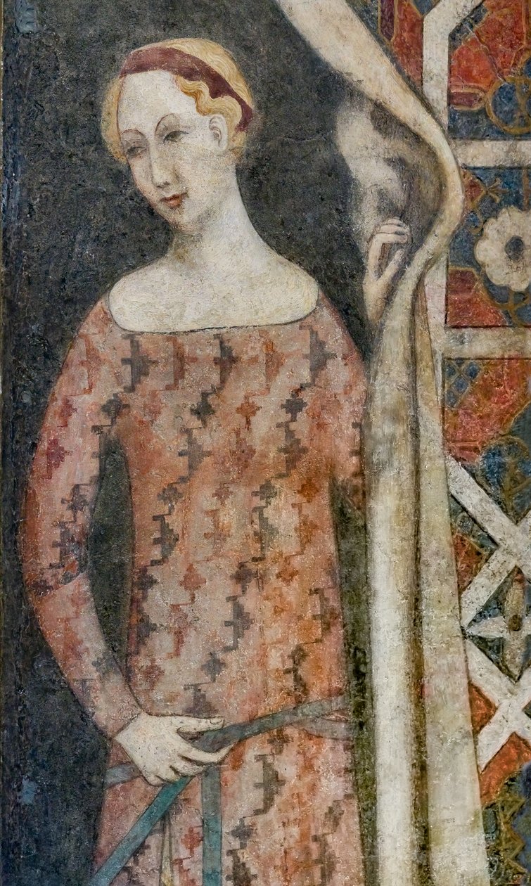 Mujer dibujando un paño con motivos geométricos, principios del siglo XV (fresco) de Italian School