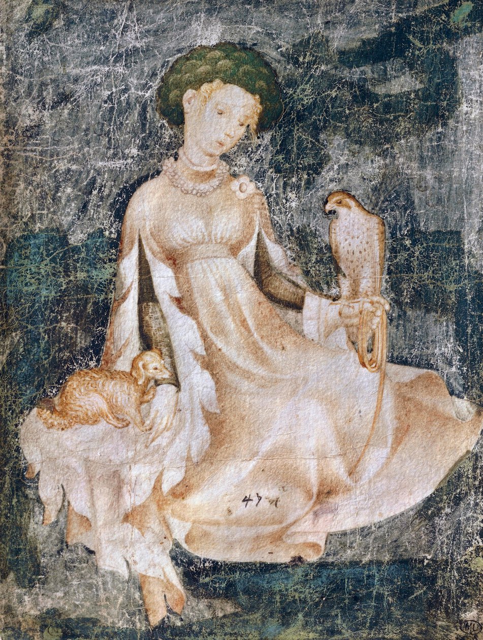 Mujer sentada en el suelo con perro y halcón, Dibujo en acuarela, Francia de Italian School