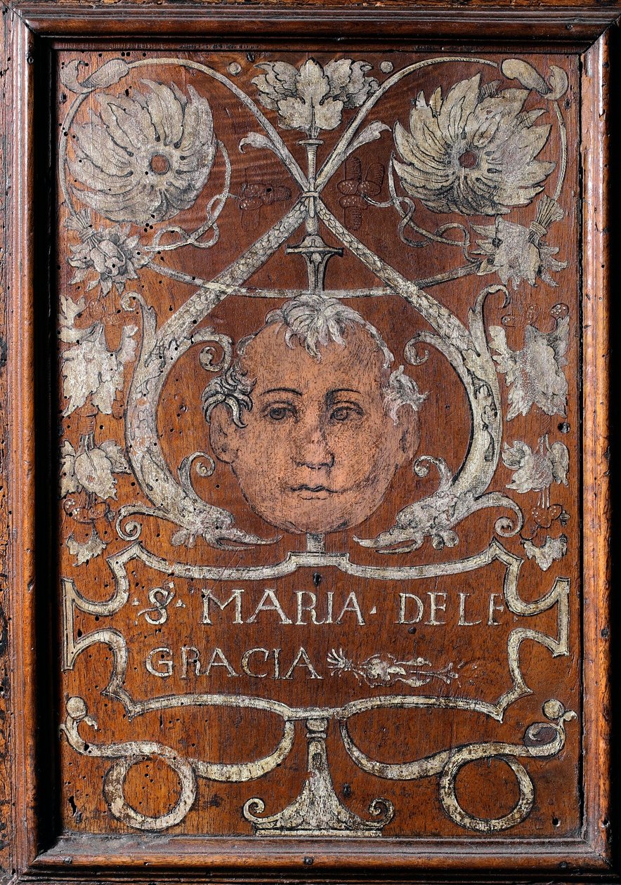 Banco de madera decorado con un rostro y la inscripción "Santa Maria delle Gracia", sacristía del bramante 1429-1481 Basilica di Santa Maria delle Grazie Milan (banco de madera decorado con un rostro y la inscripción "Santa Maria delle Gracia", sacristía d de Italian School