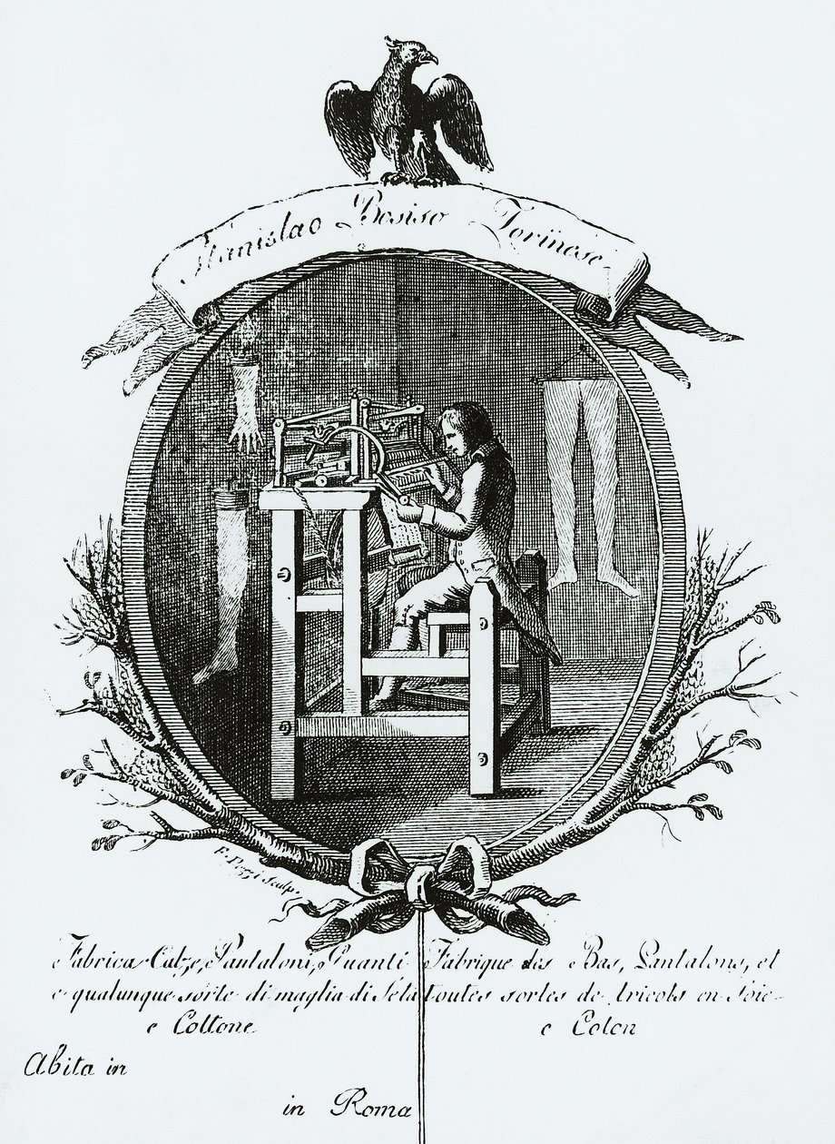 Trabajador en telar, imagen publicitaria de Stanislaus Bosisio Torinese, fabricante de calcetines, pantalones, guantes y todo tipo de prendas de punto de seda y algodón, grabado, Italia de Italian School