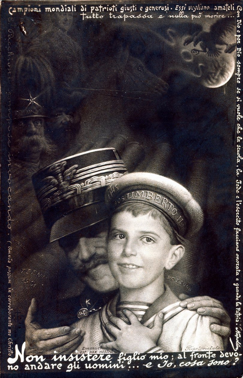 Primera Guerra Mundial: invasión militar en el ejército italiano: Víctor Manuel III sosteniendo al príncipe Umberto (tarjeta impresa) de Italian School
