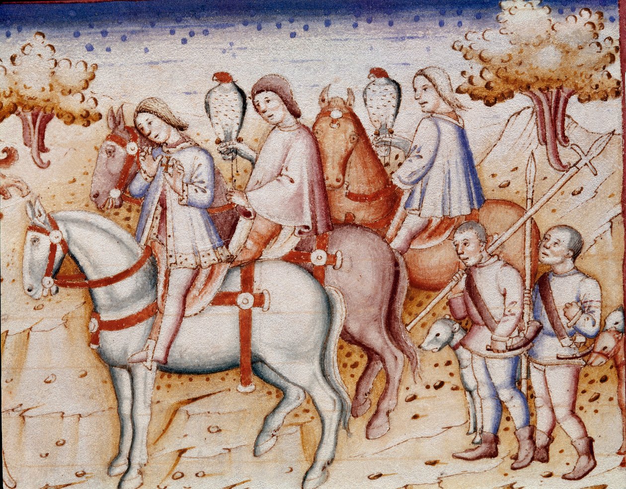 Jóvenes caballeros de la aristocracia cazando el halcón (miniatura de Italian School