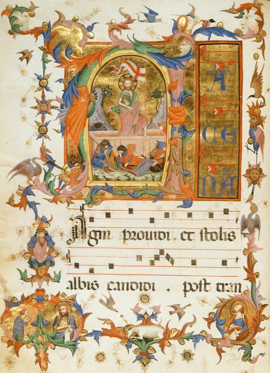 f.80v La Resurrección, del "Himnario del Monasterio de San Salvador", Siena 1415 (vitela) de Italian School