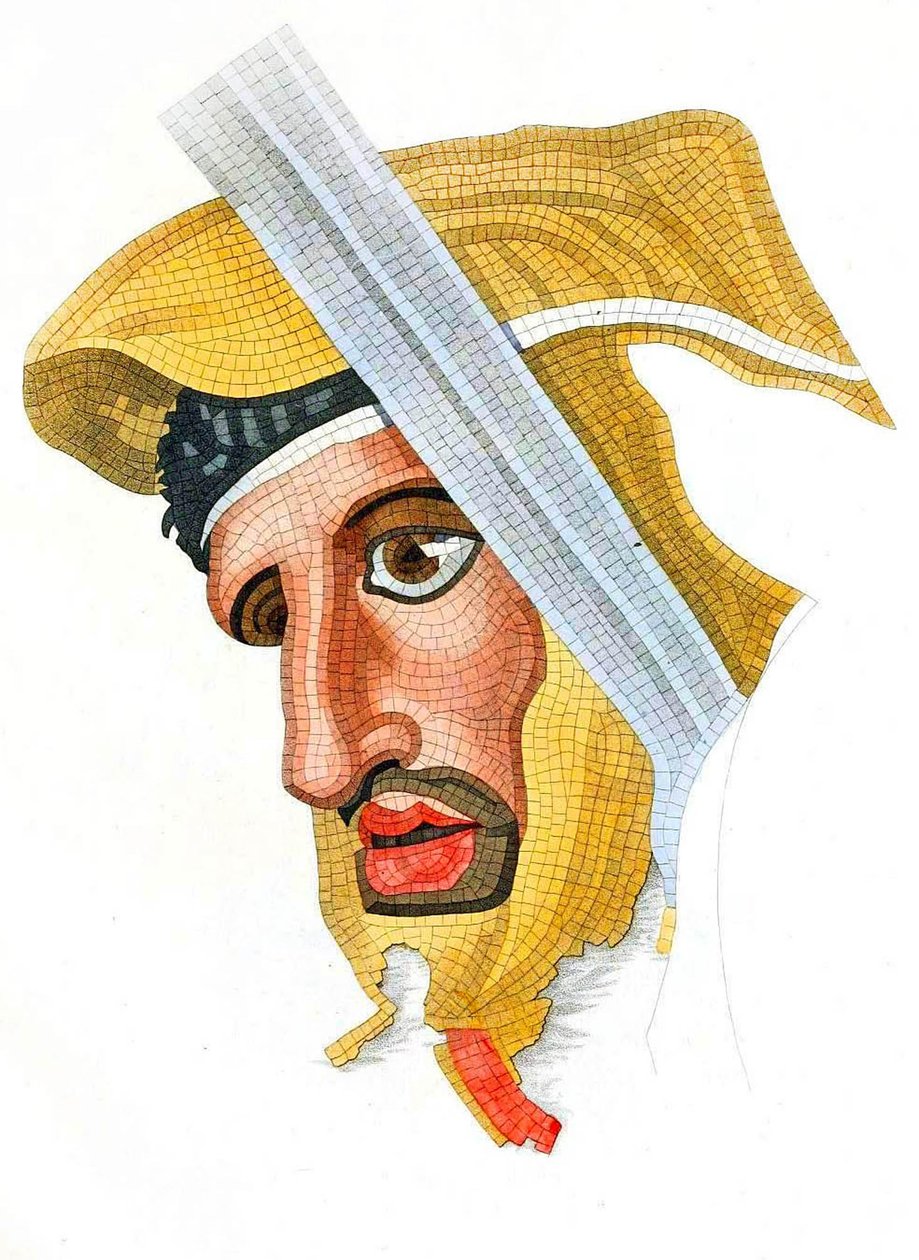 Mosaico de piso, cabeza de un soldado persa, removido de la Casa del Fauno, 1831 de Italian School