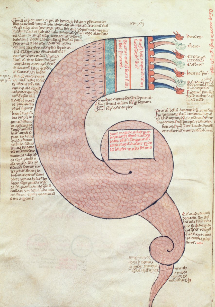 ms.ASPi, C.M 15, c.3v Página de texto con un dragón apocalíptico, del Liber Figurarum e le Proemisssiones Gioachimitiche de Joaquín de Fiore (c.1132-1202) de Italian School