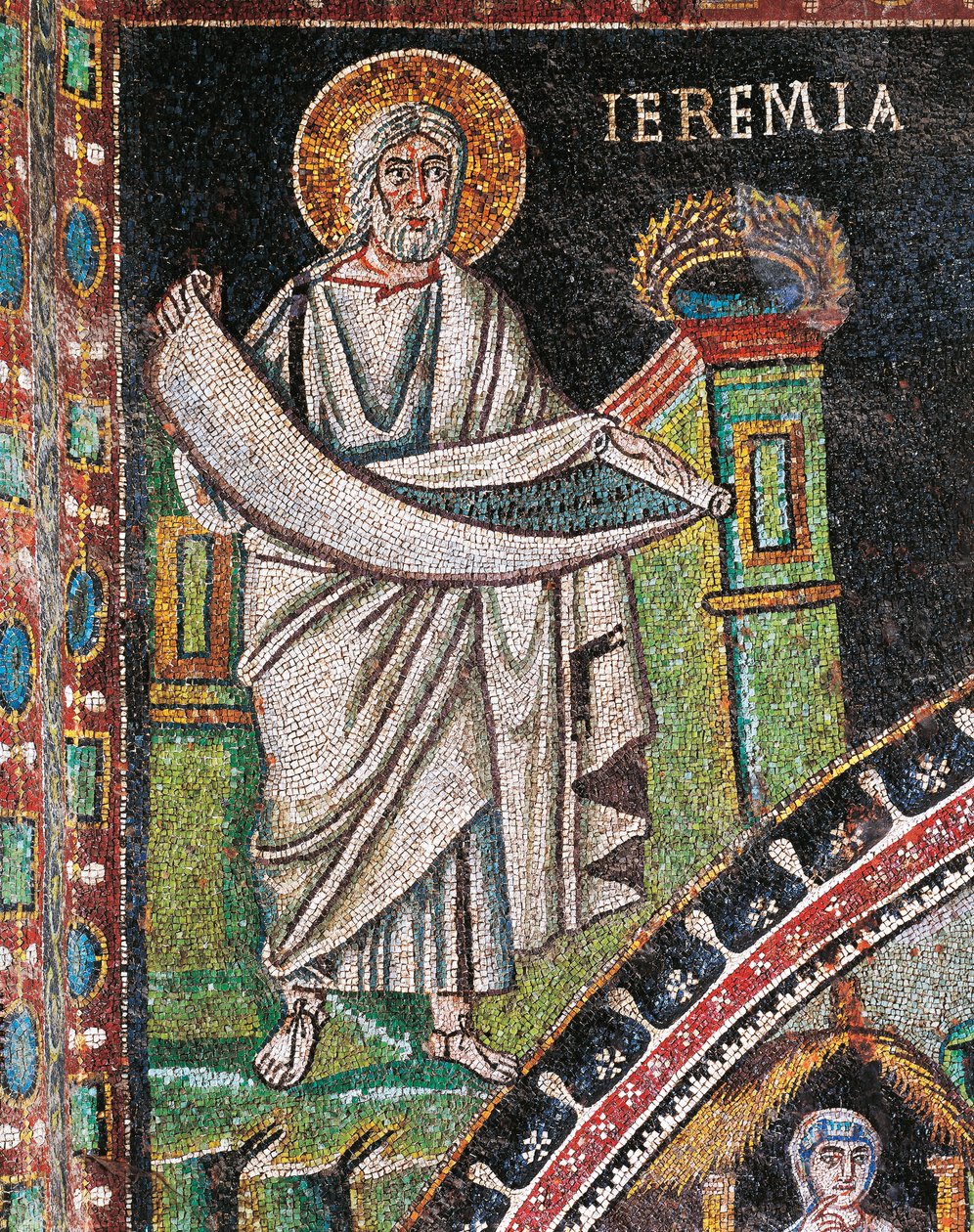 Profeta Jeremías, mosaico, izquierda de la luneta, pared norte del presbiterio, Basílica de San Vitale (Lista del Patrimonio Mundial de la UNESCO de Italian School