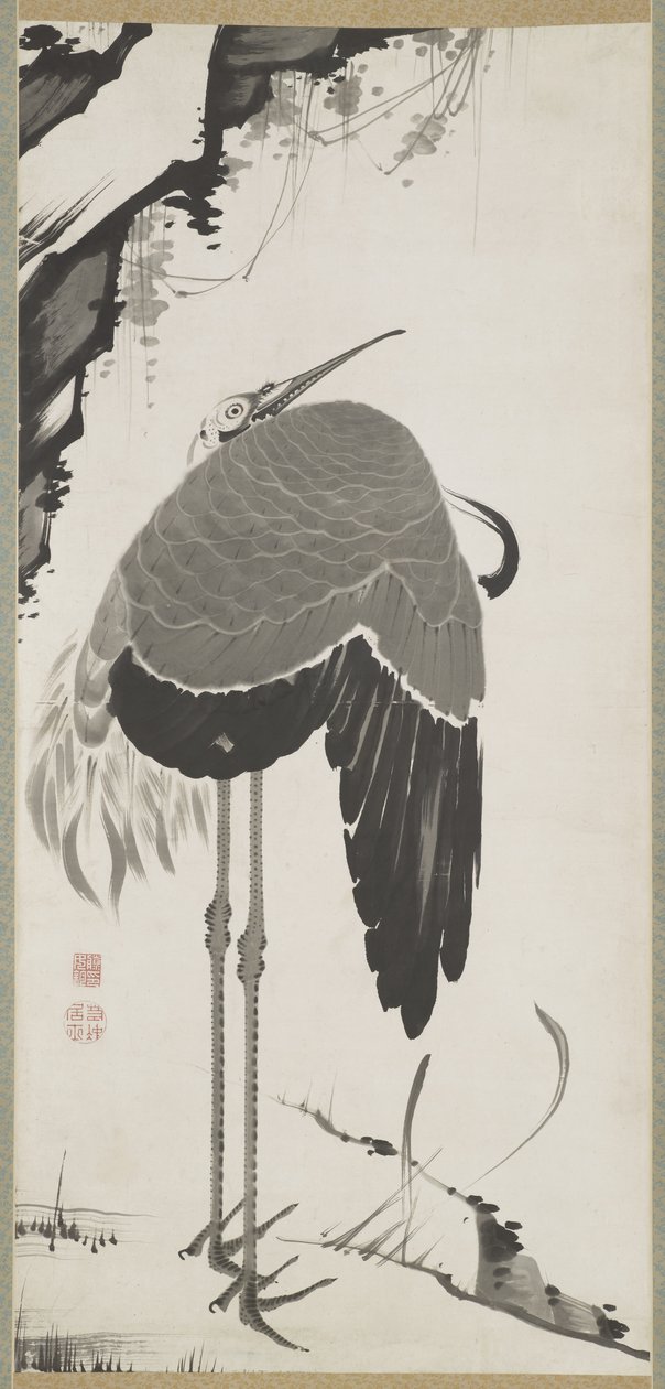Grullas, uno de un par, Pergamino Colgante, Periodo Edo de Ito Jakuchu