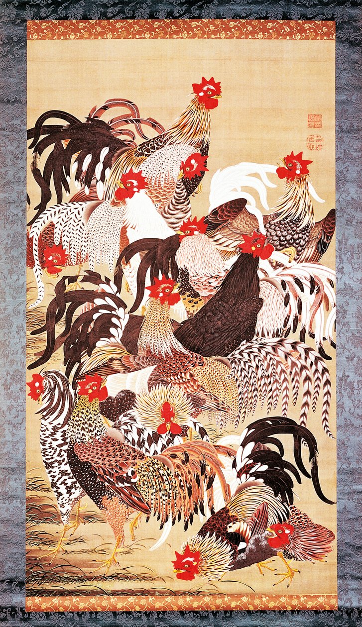 Trece gallos, de Doshoku Sai-e (Colorido reino de los seres vivos) Periodo Edo. c.1757-66 (color sobre seda) de Ito Jakuchu